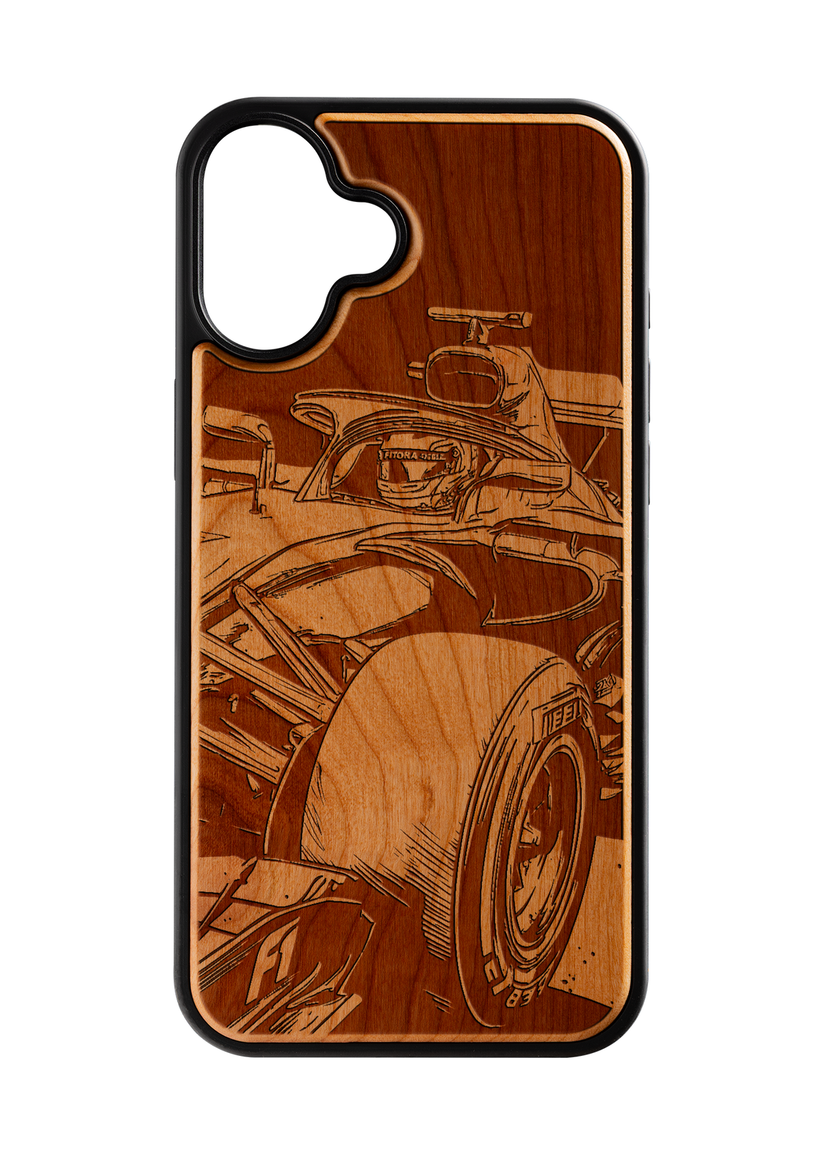 Husă iPhone 16 Plus din lemn gravat, model Adrenaline