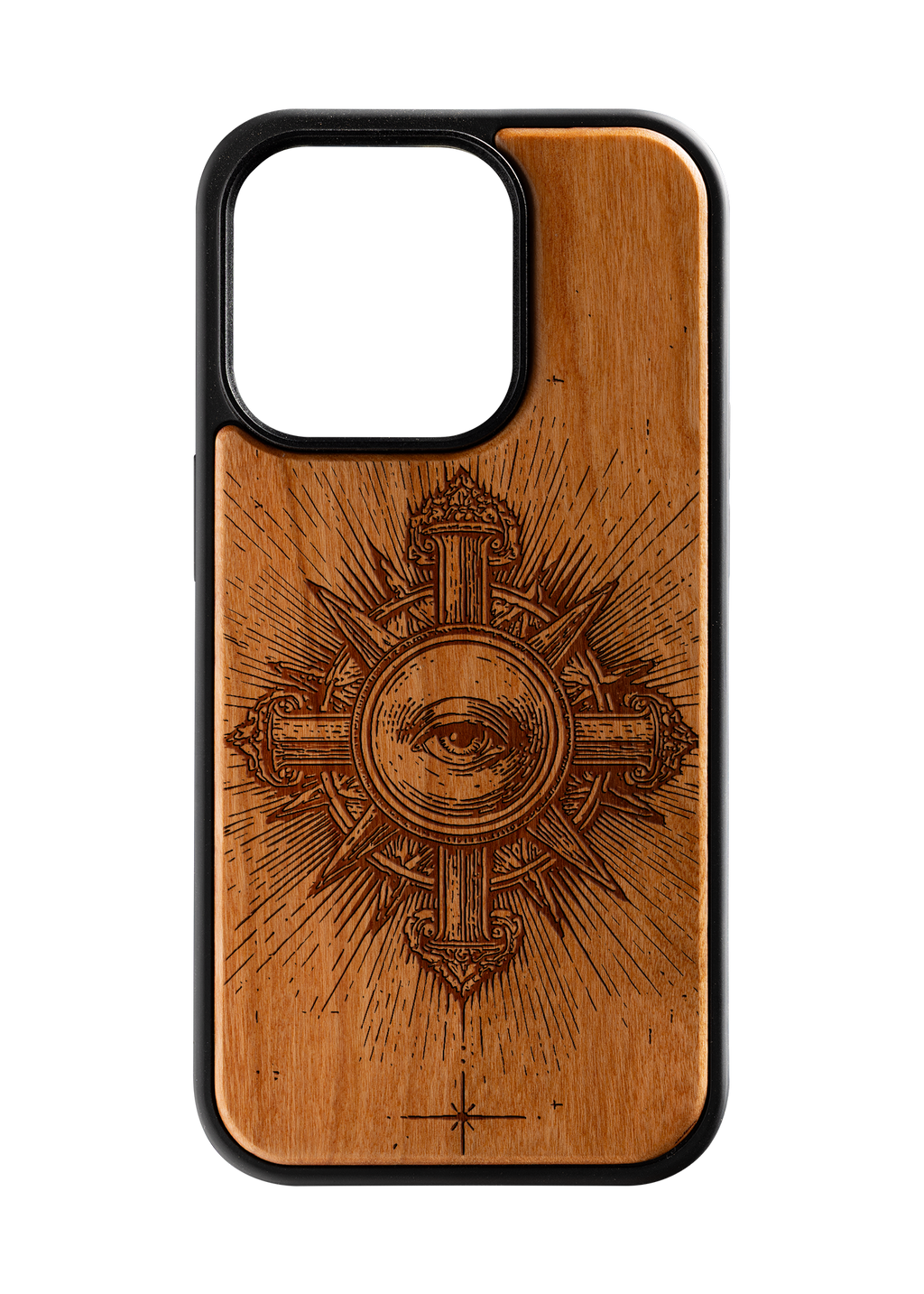 Husă iPhone 14 Pro din lemn gravat, model Aeternum