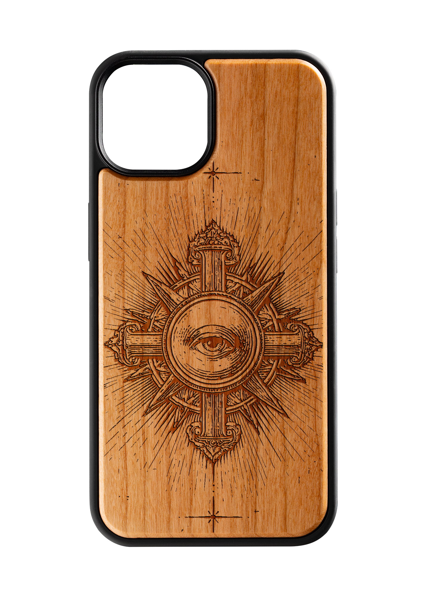 Husă iPhone 14 din lemn gravat, model Aeternum