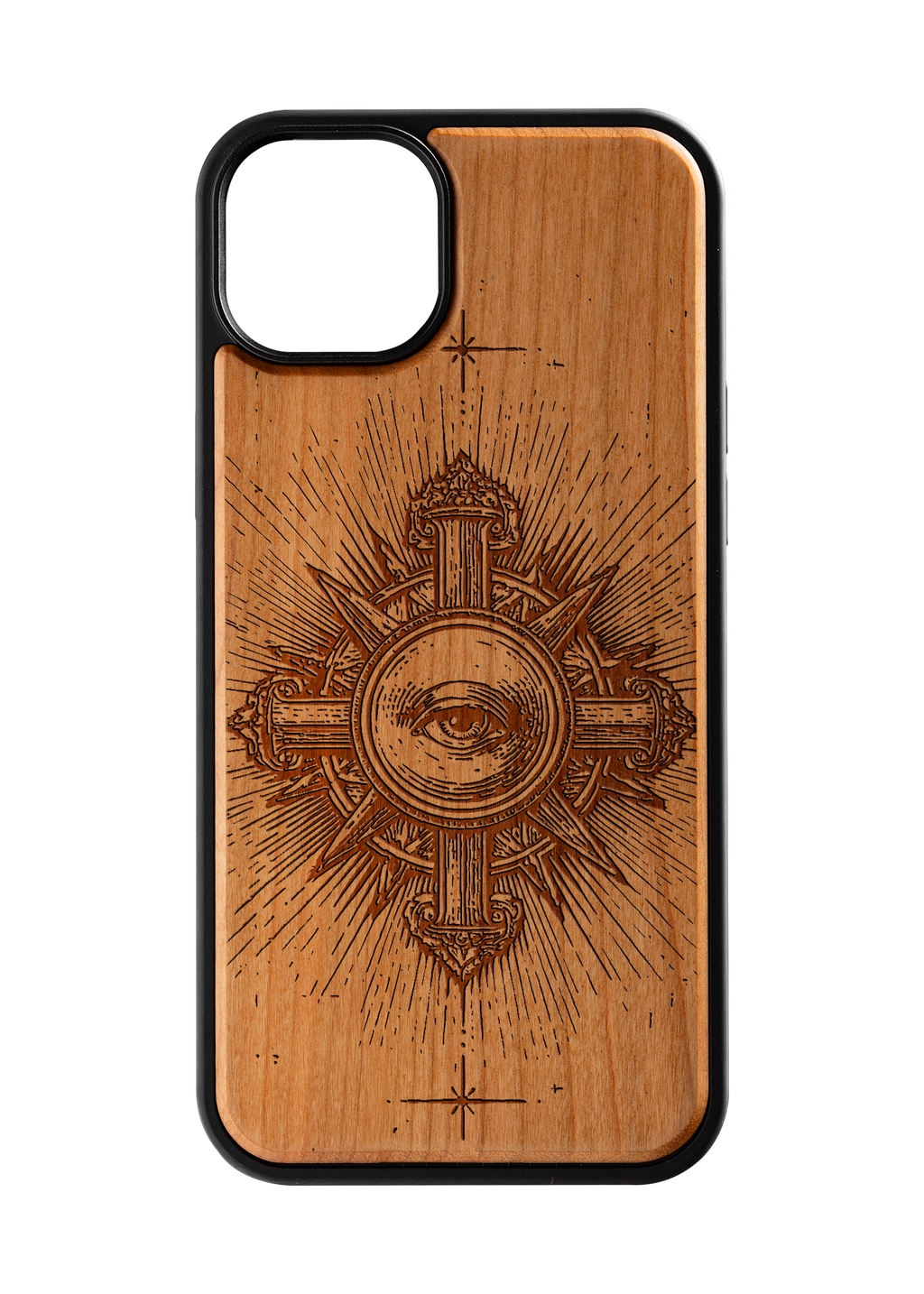 Husă iPhone 15 Plus din lemn gravat, model Aeternum