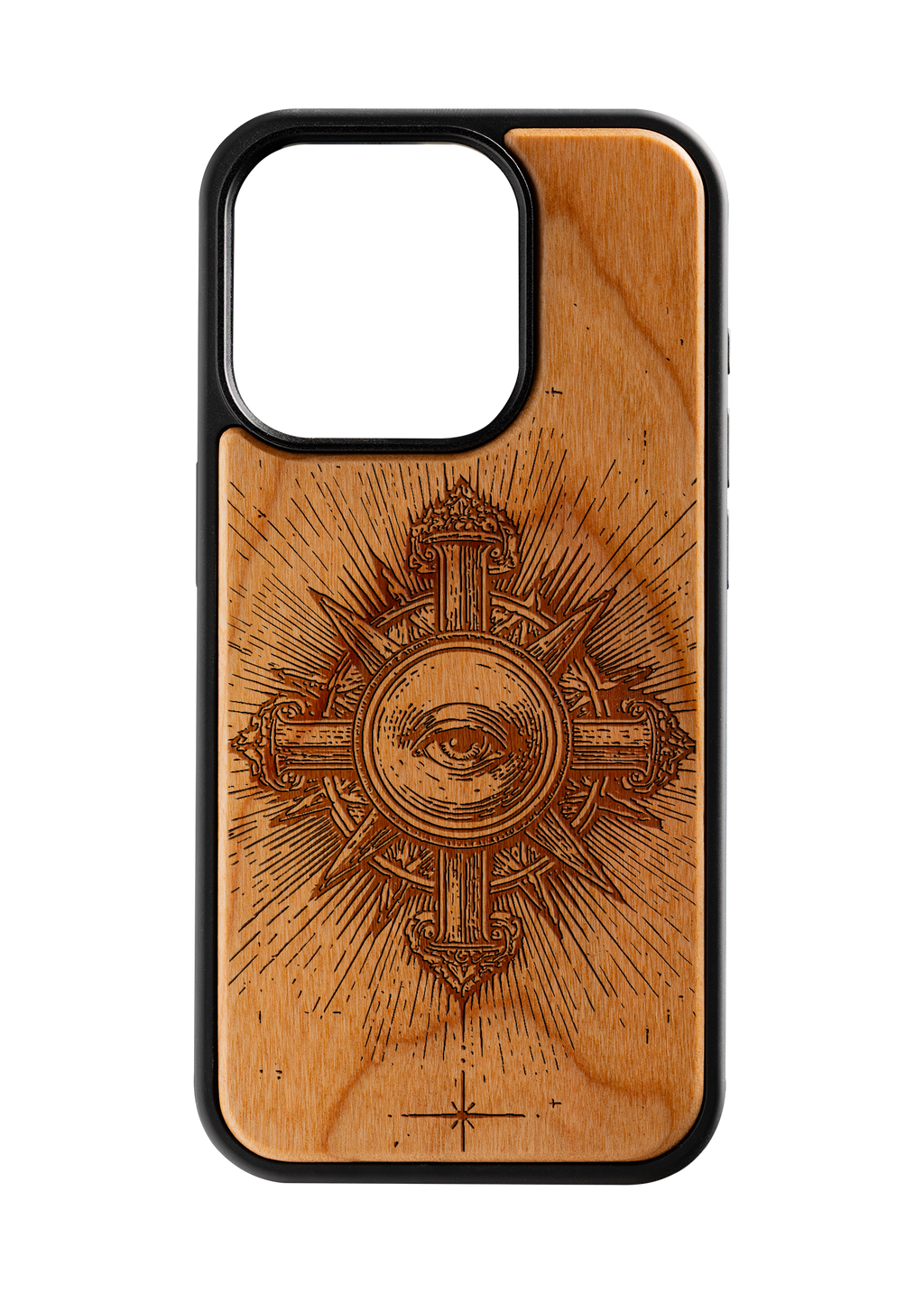 Husă iPhone 15 Pro din lemn gravat, model Aeternum