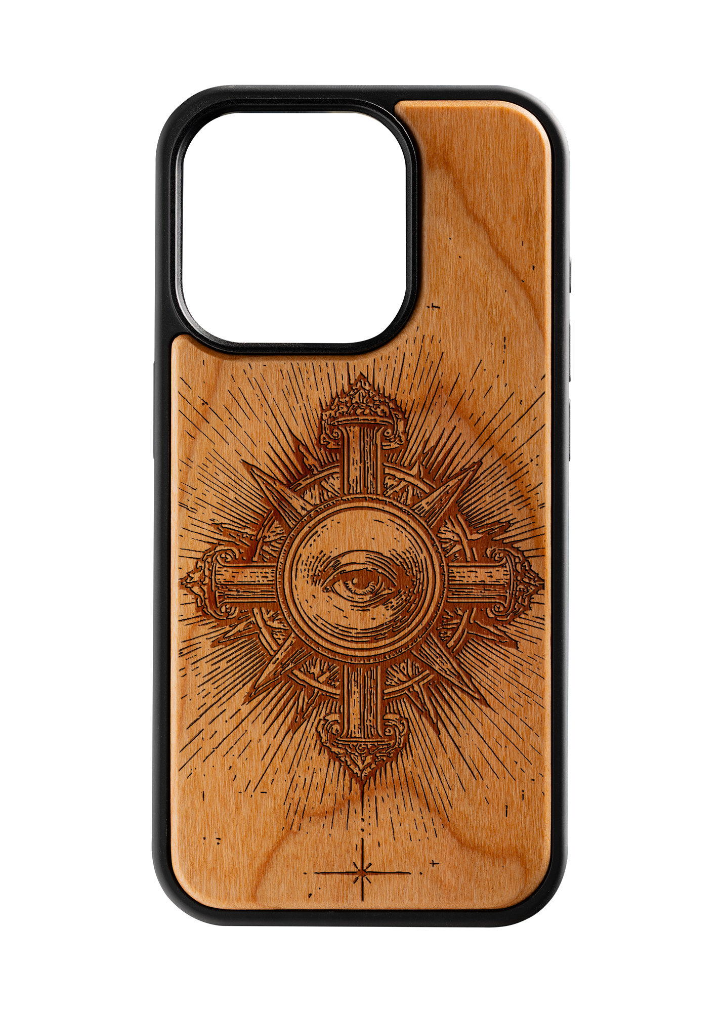 Husă iPhone 15 Pro din lemn gravat, model Aeternum
