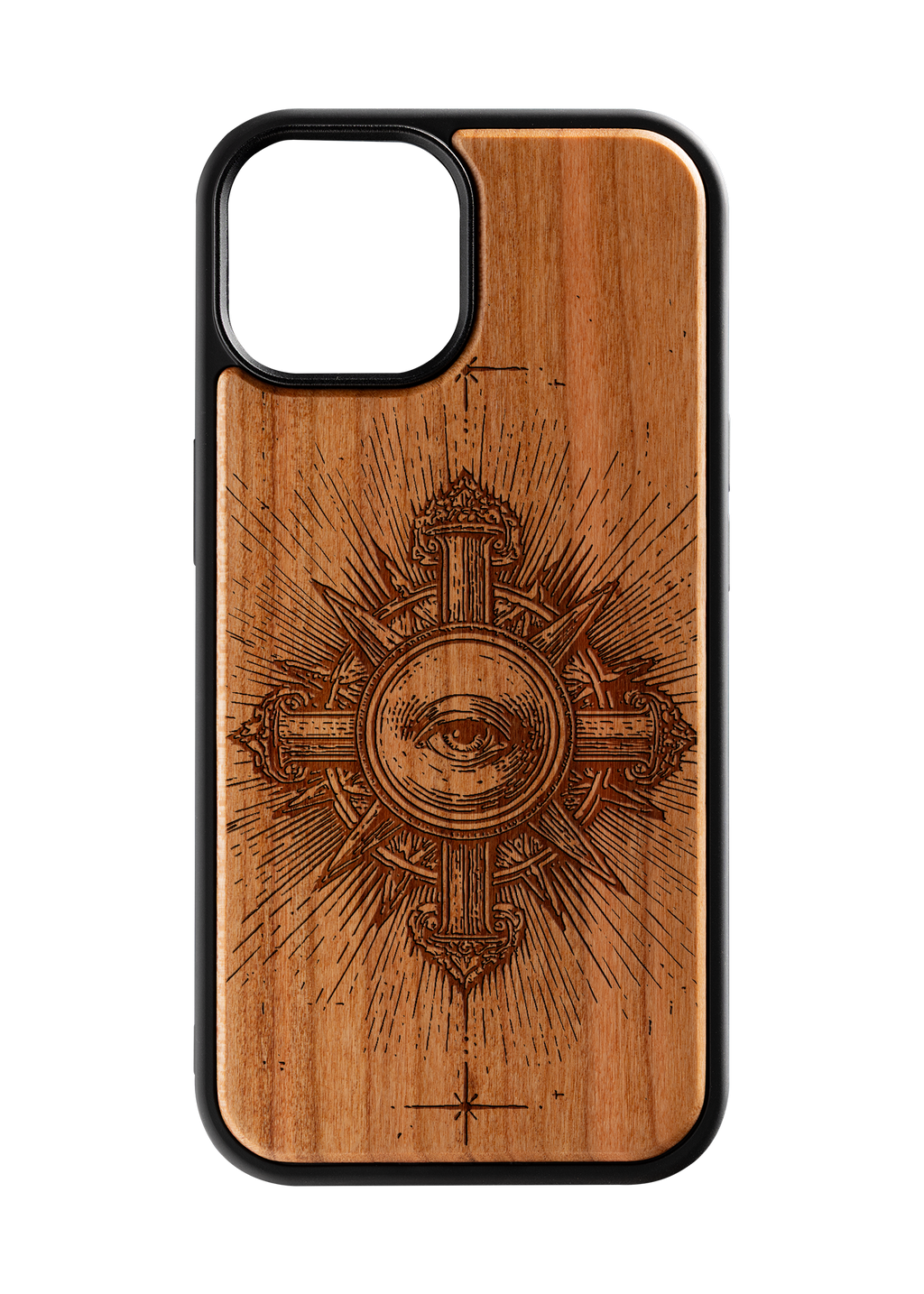 Husă iPhone 15 din lemn gravat, model Aeternum