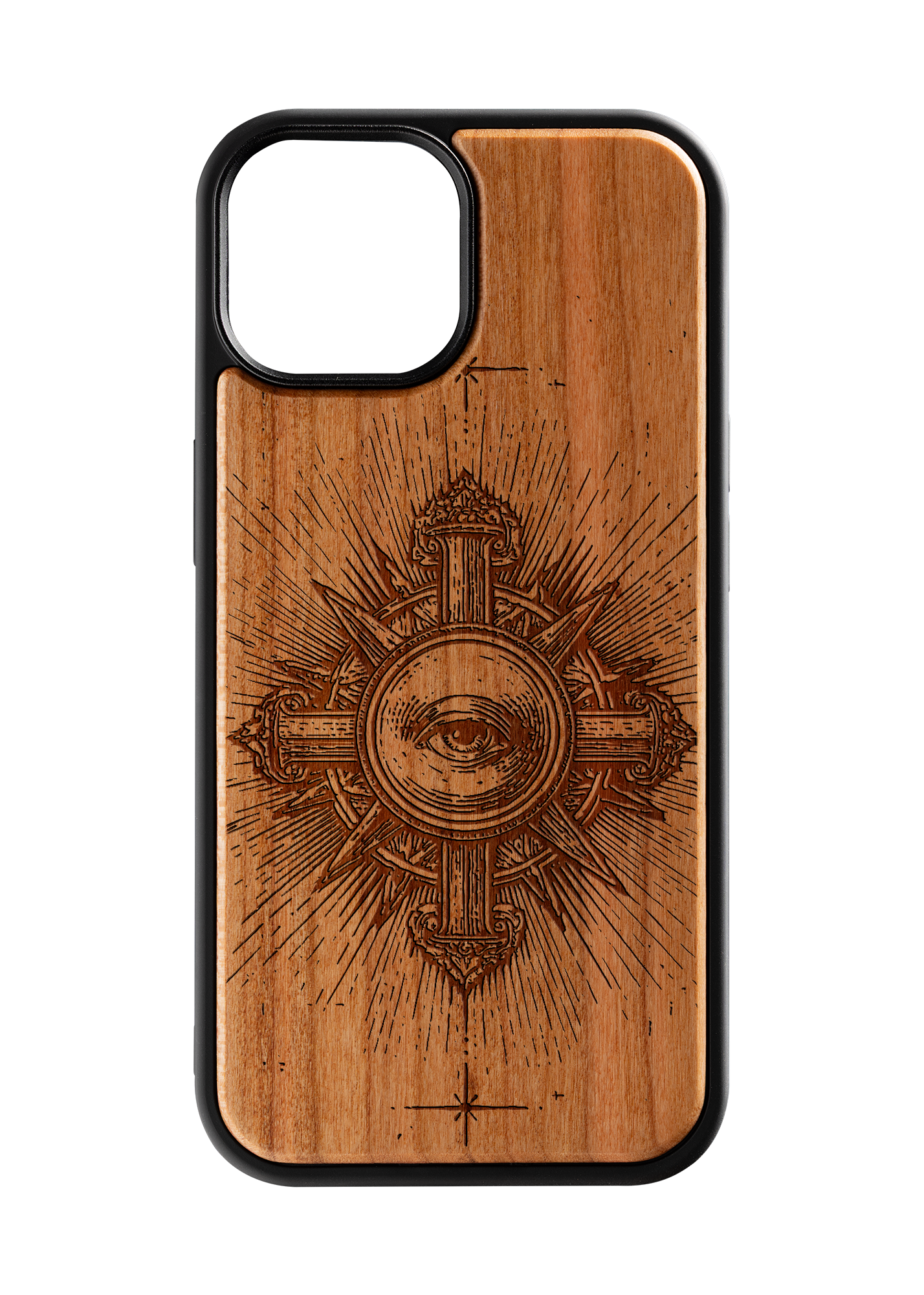 Husă iPhone 15 din lemn gravat, model Aeternum