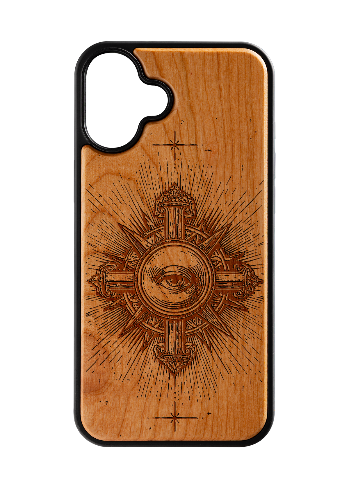 Husă iPhone 16 Plus din lemn gravat, model Aeternum