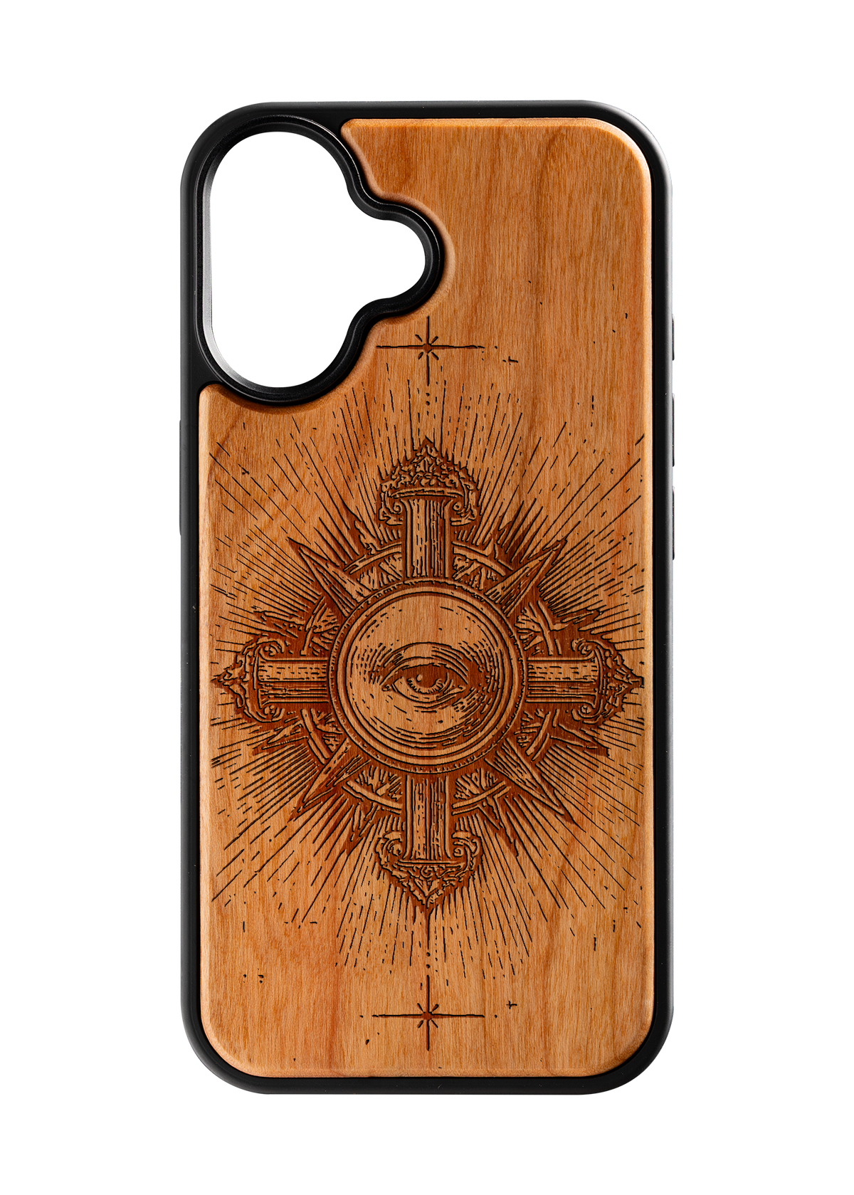 Husă iPhone 16 din lemn gravat, model Aeternum