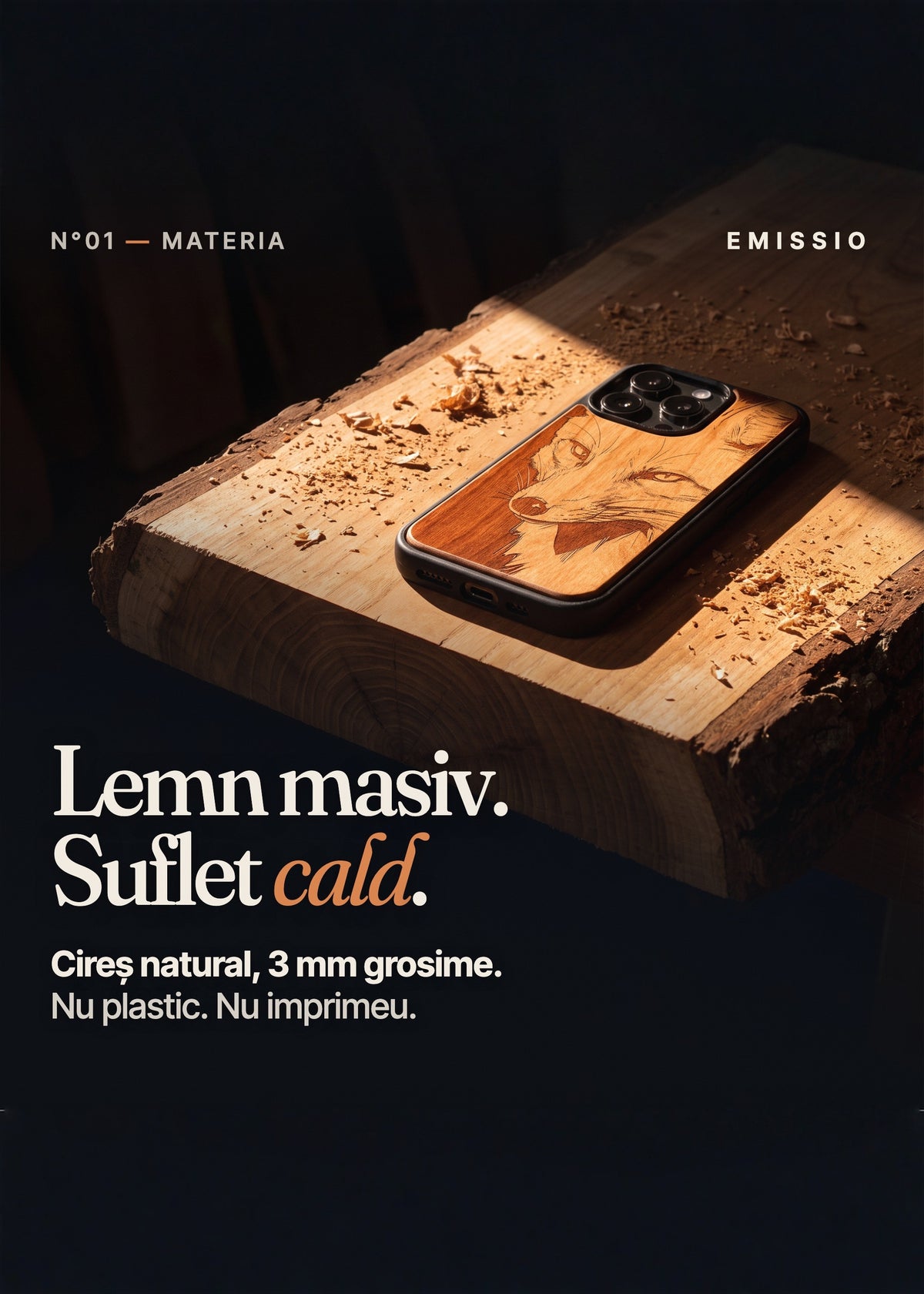 Husă Emissio din lemn masiv de cireș, 3 mm – Lemn masiv. Suflet cald.