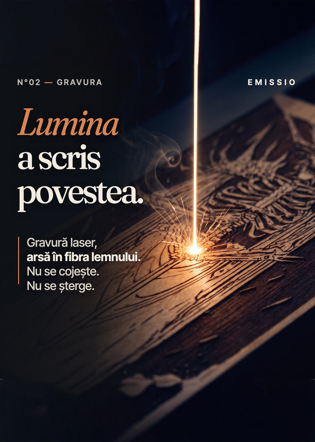 Gravură laser arsă în fibra lemnului – nu se cojește, nu se șterge
