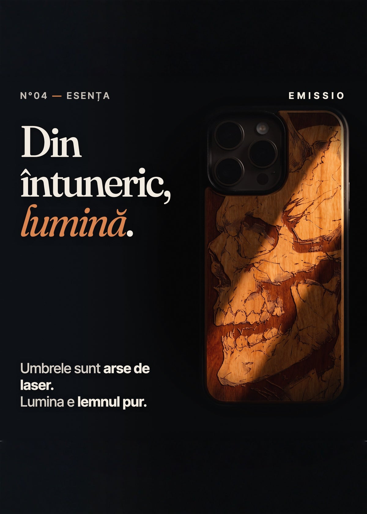 Detaliu gravură laser pe lemn – din întuneric, lumină