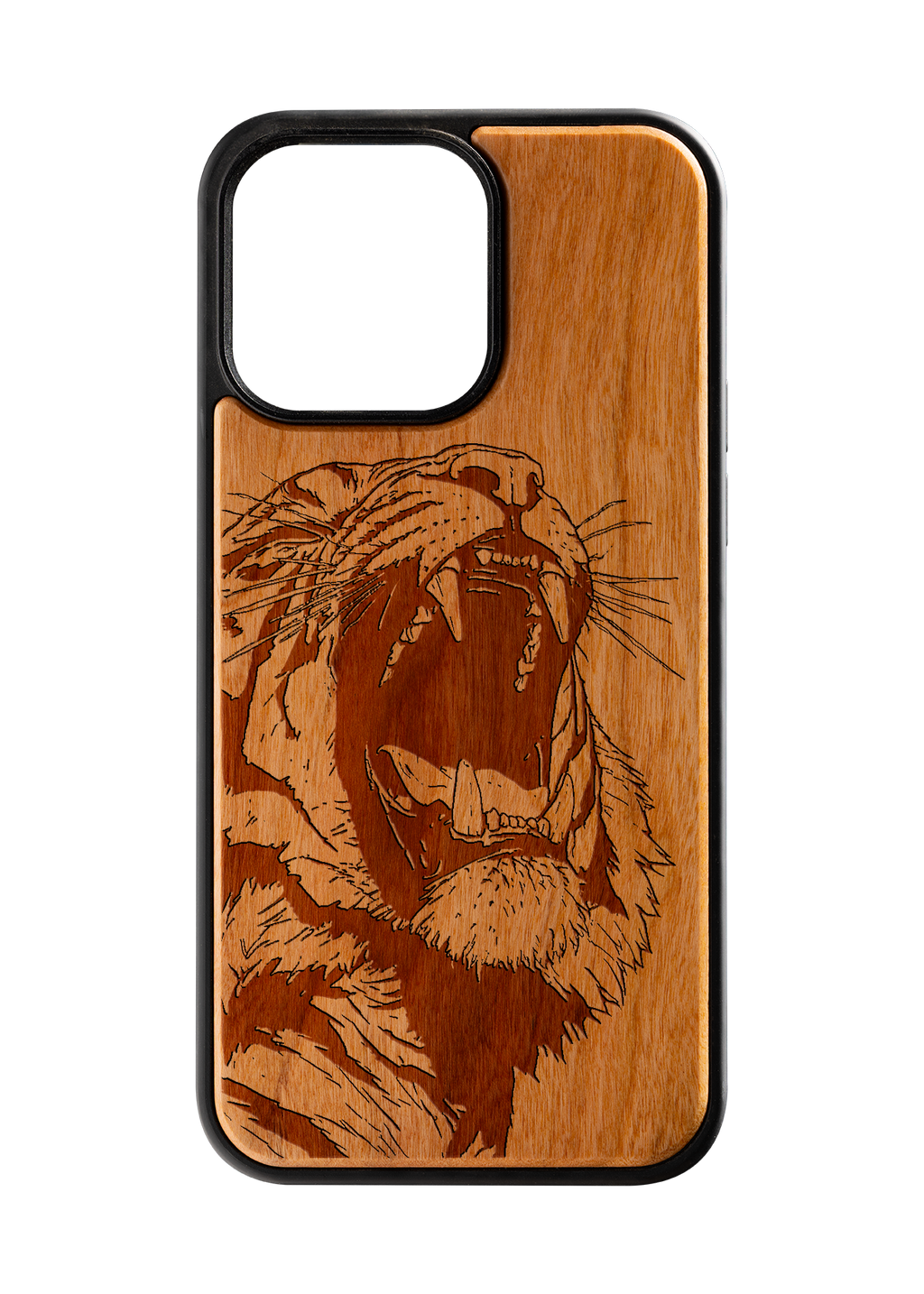 Husă iPhone 14 Pro Max din lemn gravat, model Roar
