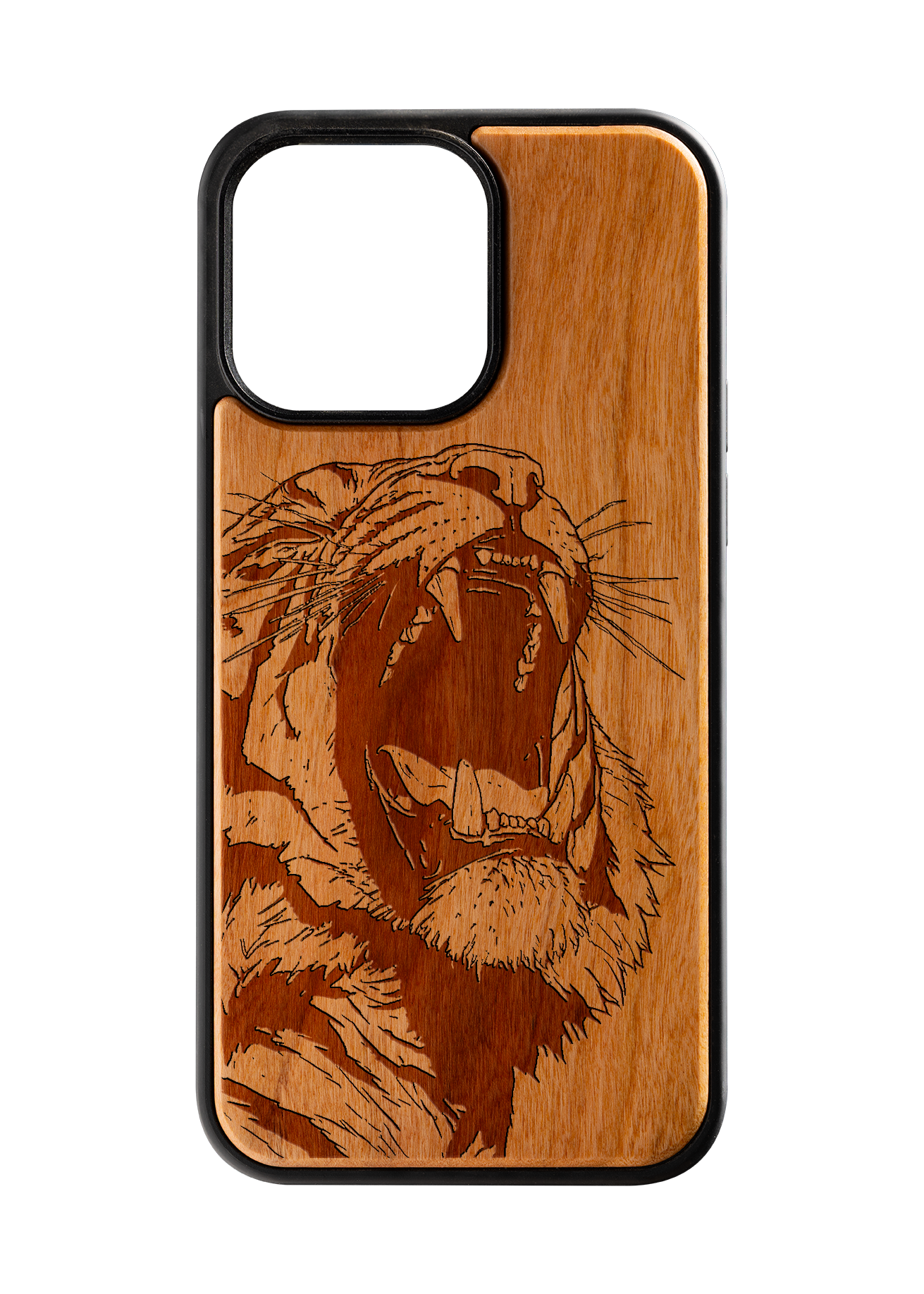 Husă iPhone 14 Pro Max din lemn gravat, model Roar