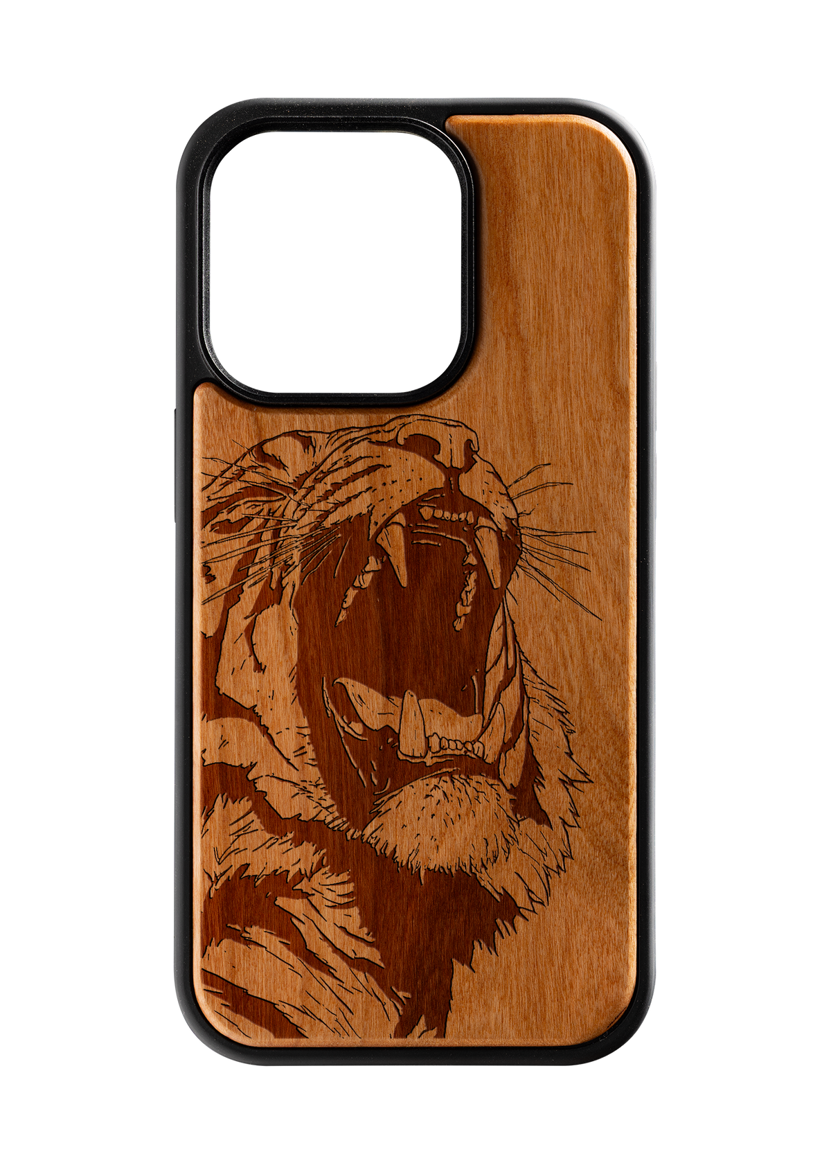 Husă iPhone 14 Pro din lemn gravat, model Roar