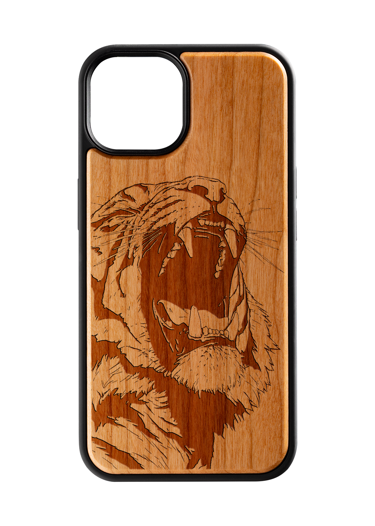Husă iPhone 14 din lemn gravat, model Roar