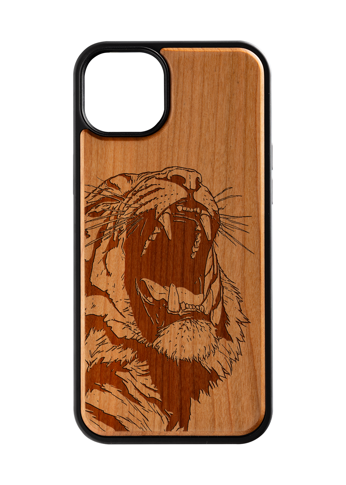 Husă iPhone 15 Plus din lemn gravat, model Roar