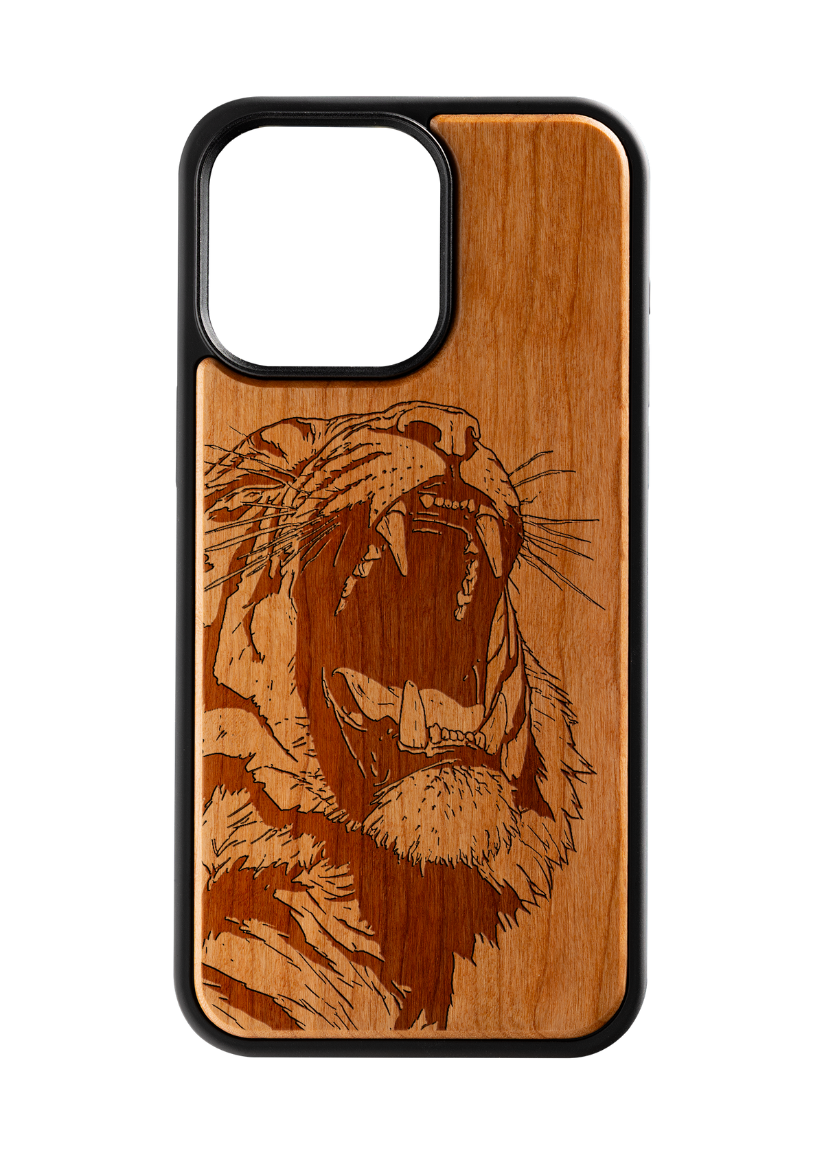 Husă iPhone 15 Pro Max din lemn gravat, model Roar