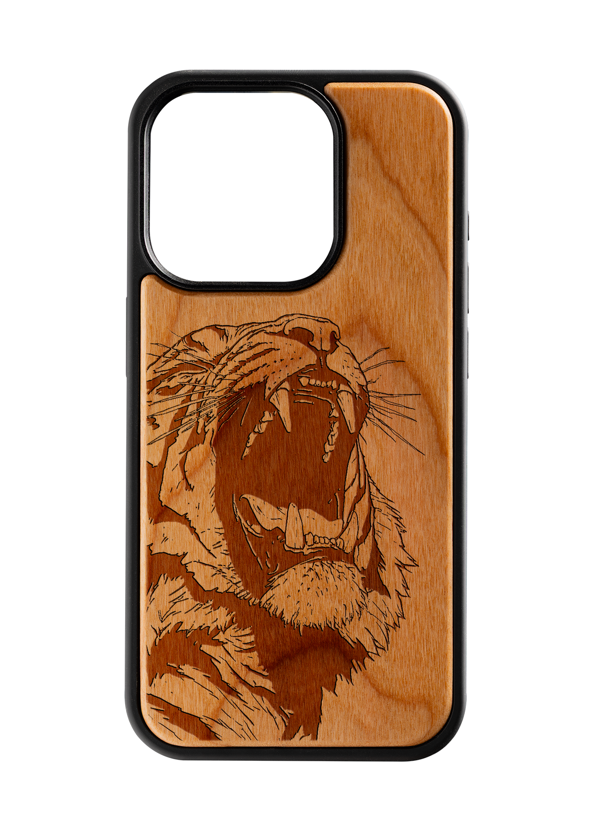 Husă iPhone 15 Pro din lemn gravat, model Roar