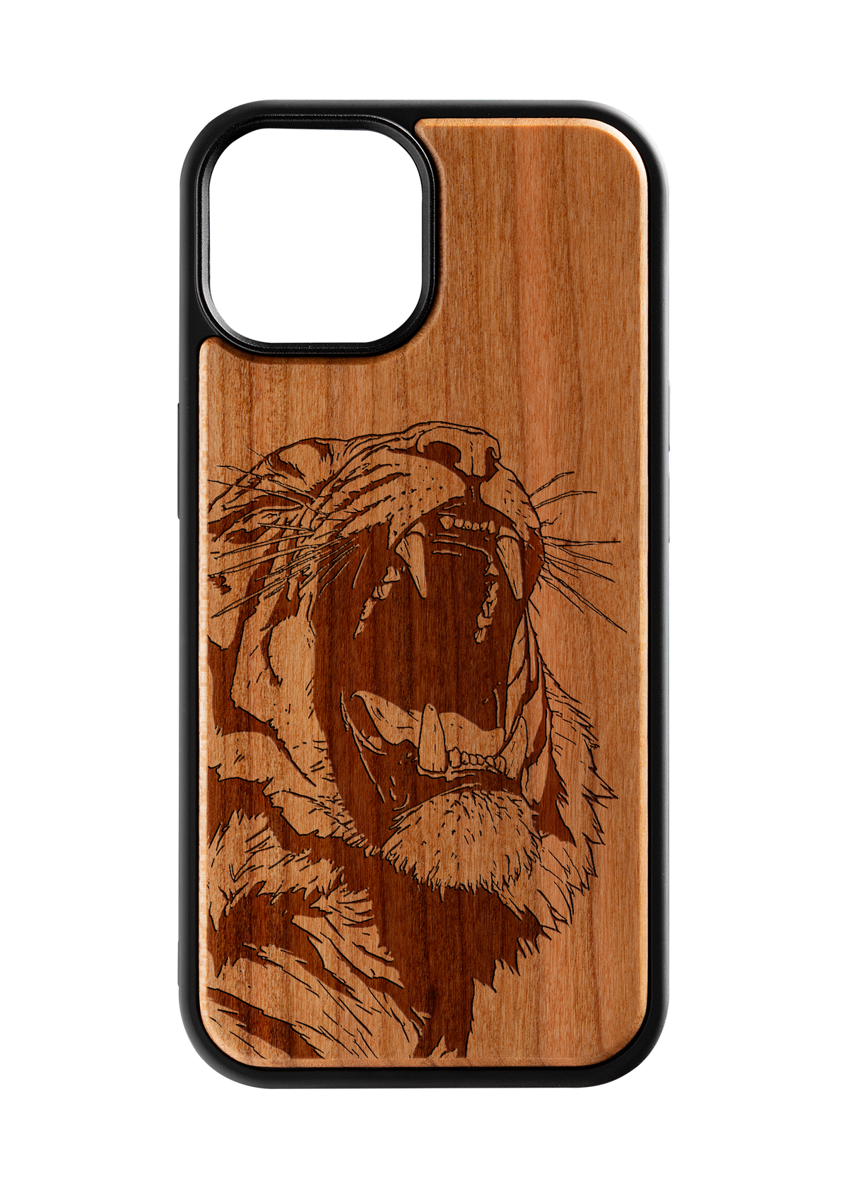 Husă iPhone 15 din lemn gravat, model Roar