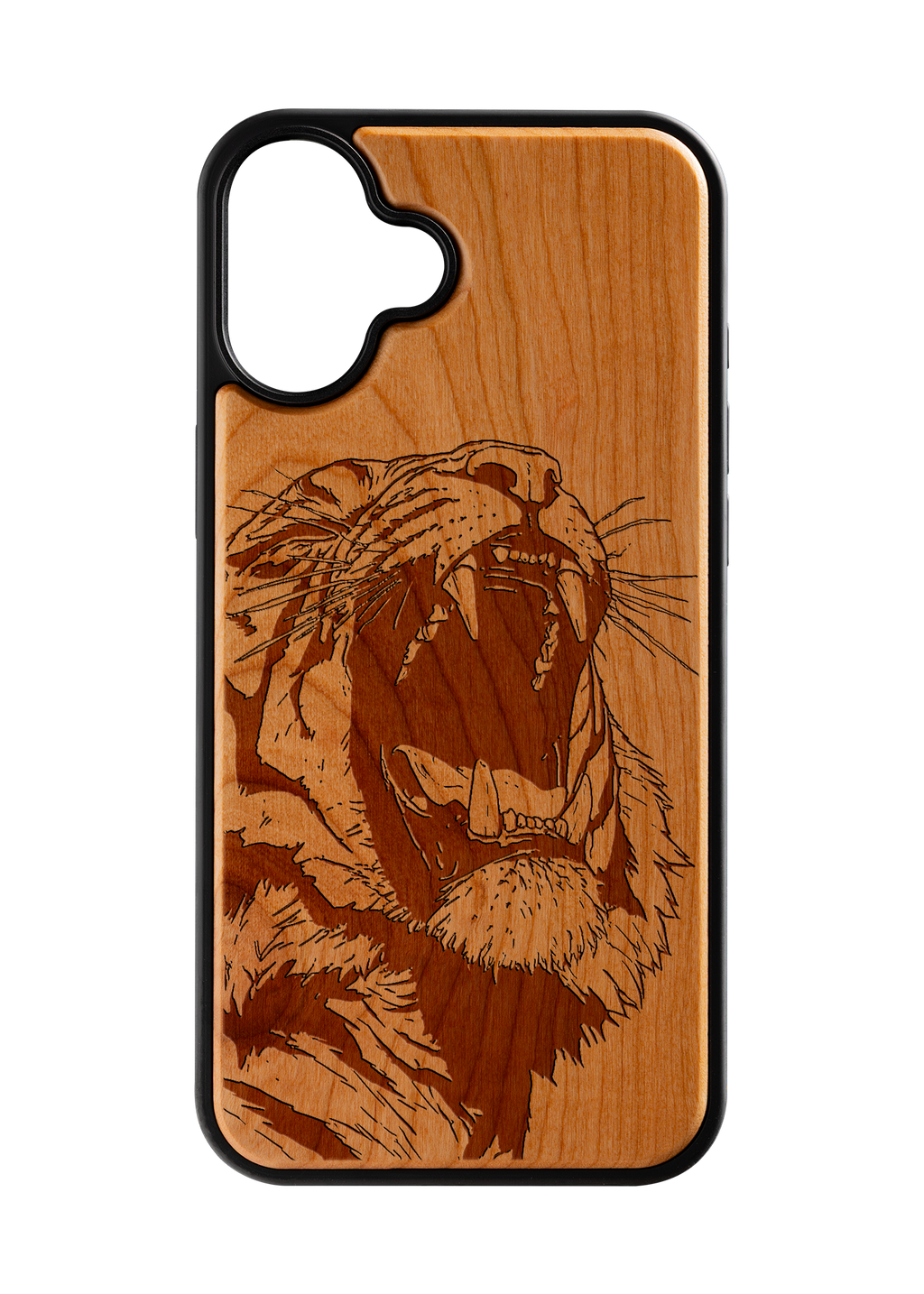 Husă iPhone 16 Plus din lemn gravat, model Roar