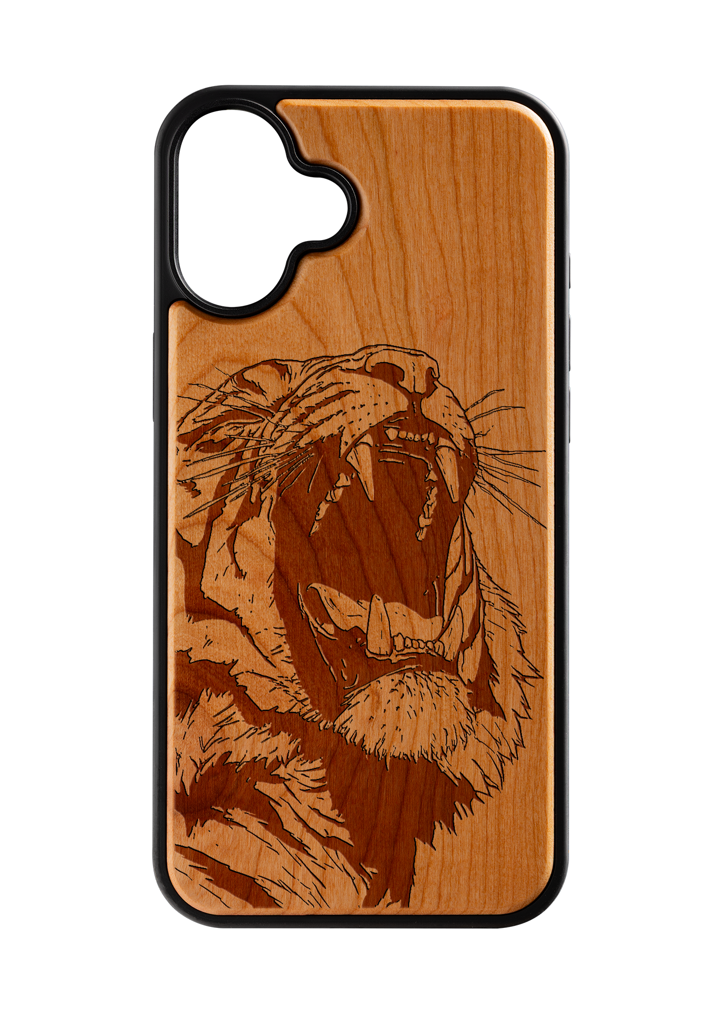 Husă iPhone 16 Plus din lemn gravat, model Roar