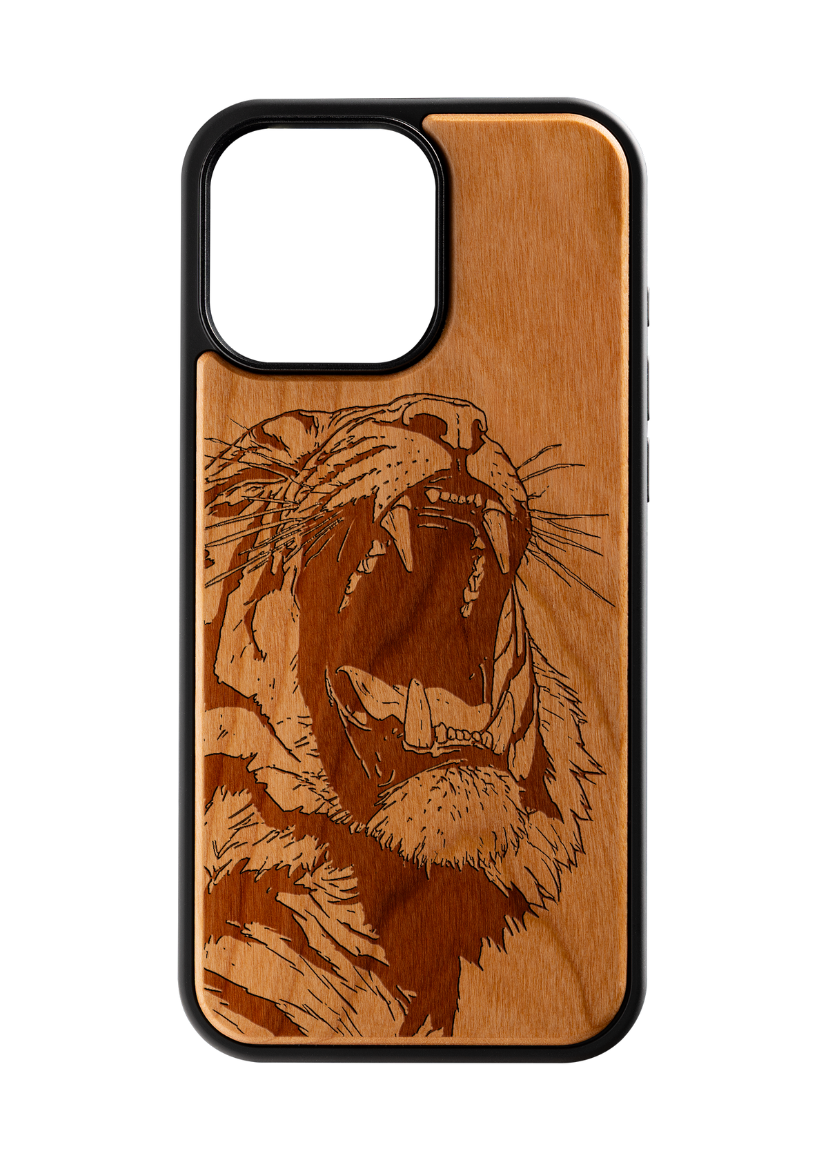 Husă iPhone 16 Pro Max din lemn gravat, model Roar