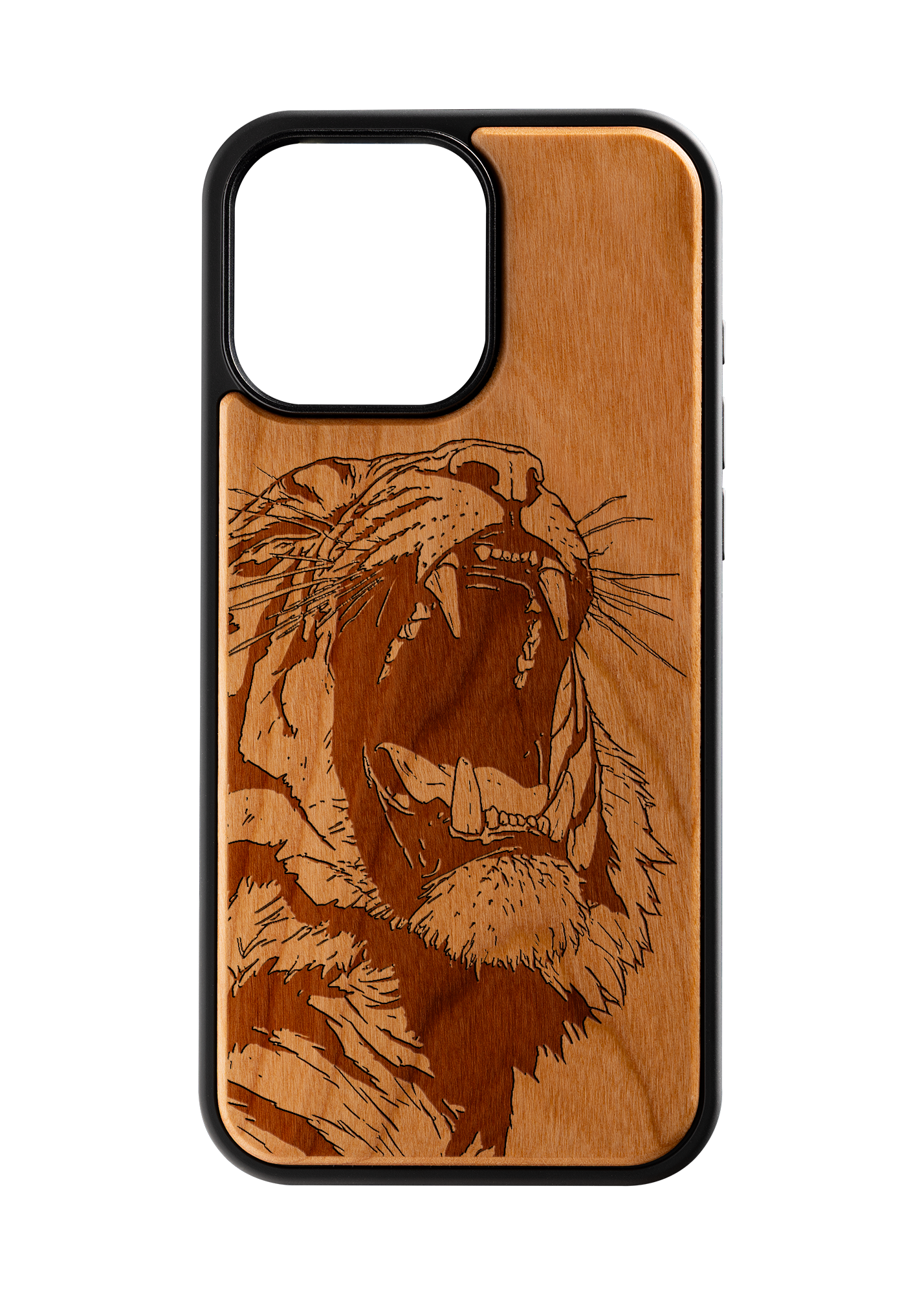 Husă iPhone 16 Pro Max din lemn gravat, model Roar