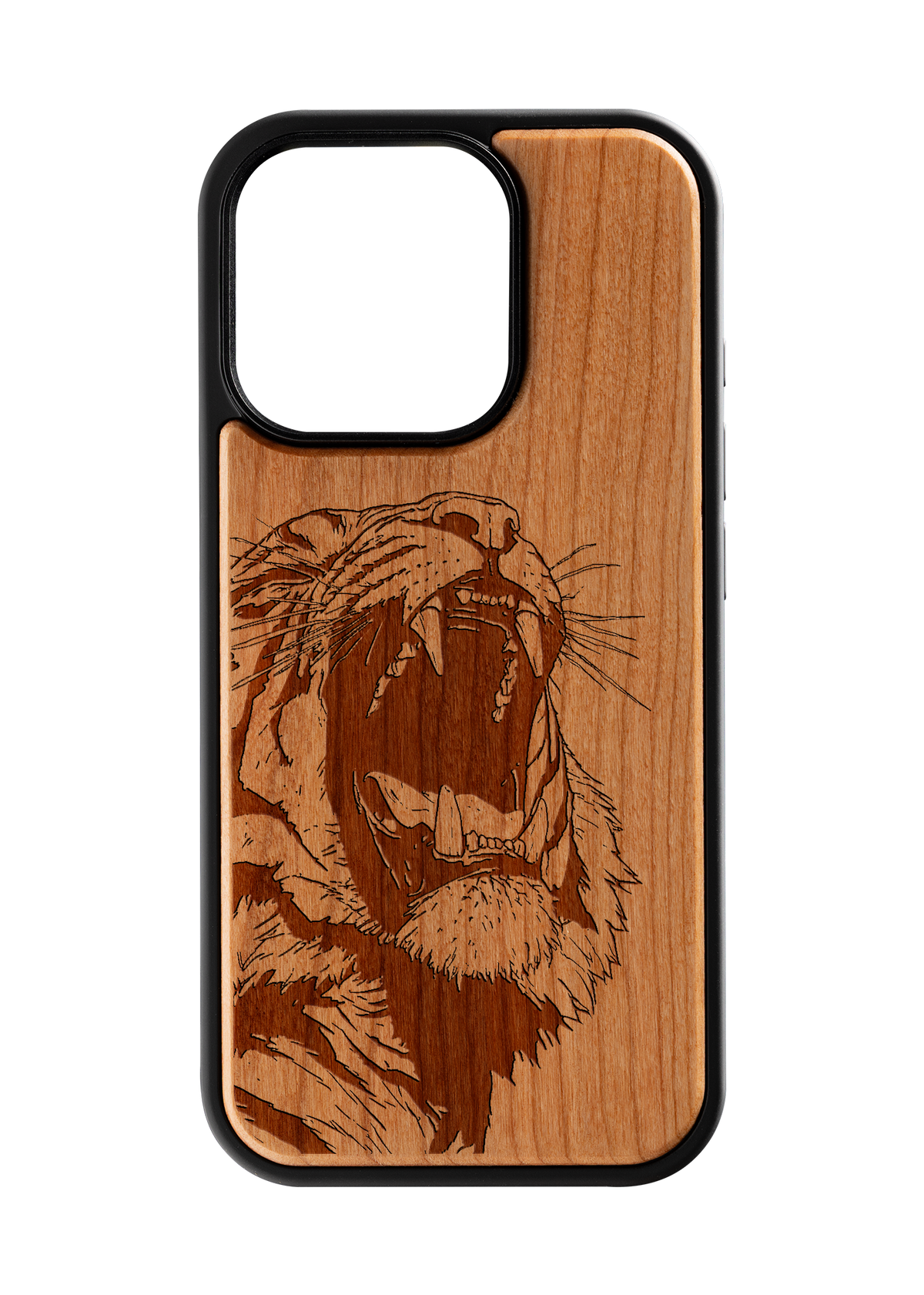 Husă iPhone 16 Pro din lemn gravat, model Roar