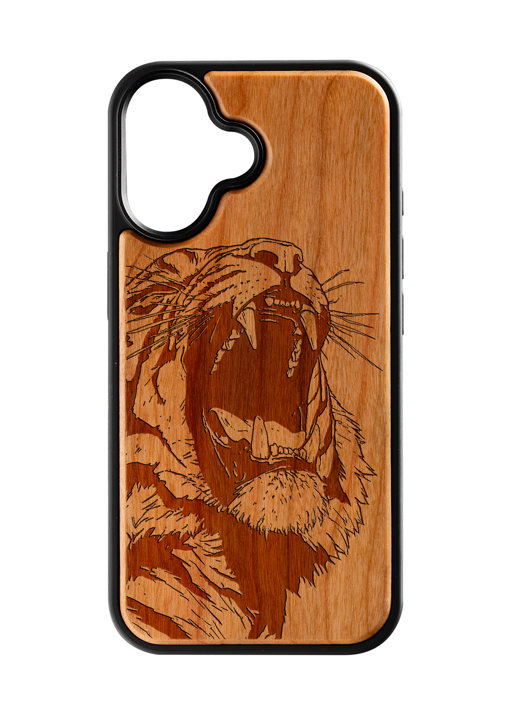 Husă iPhone 16 din lemn gravat, model Roar