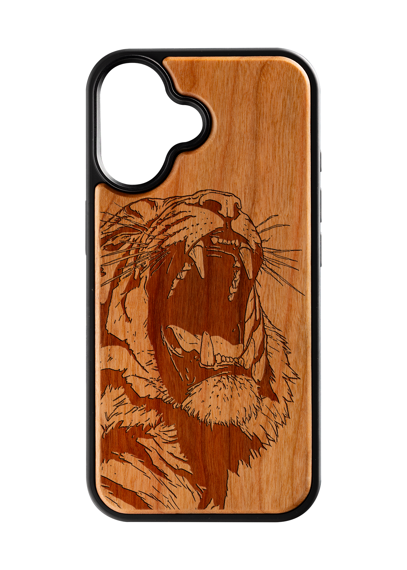 Husă iPhone 16 din lemn gravat, model Roar